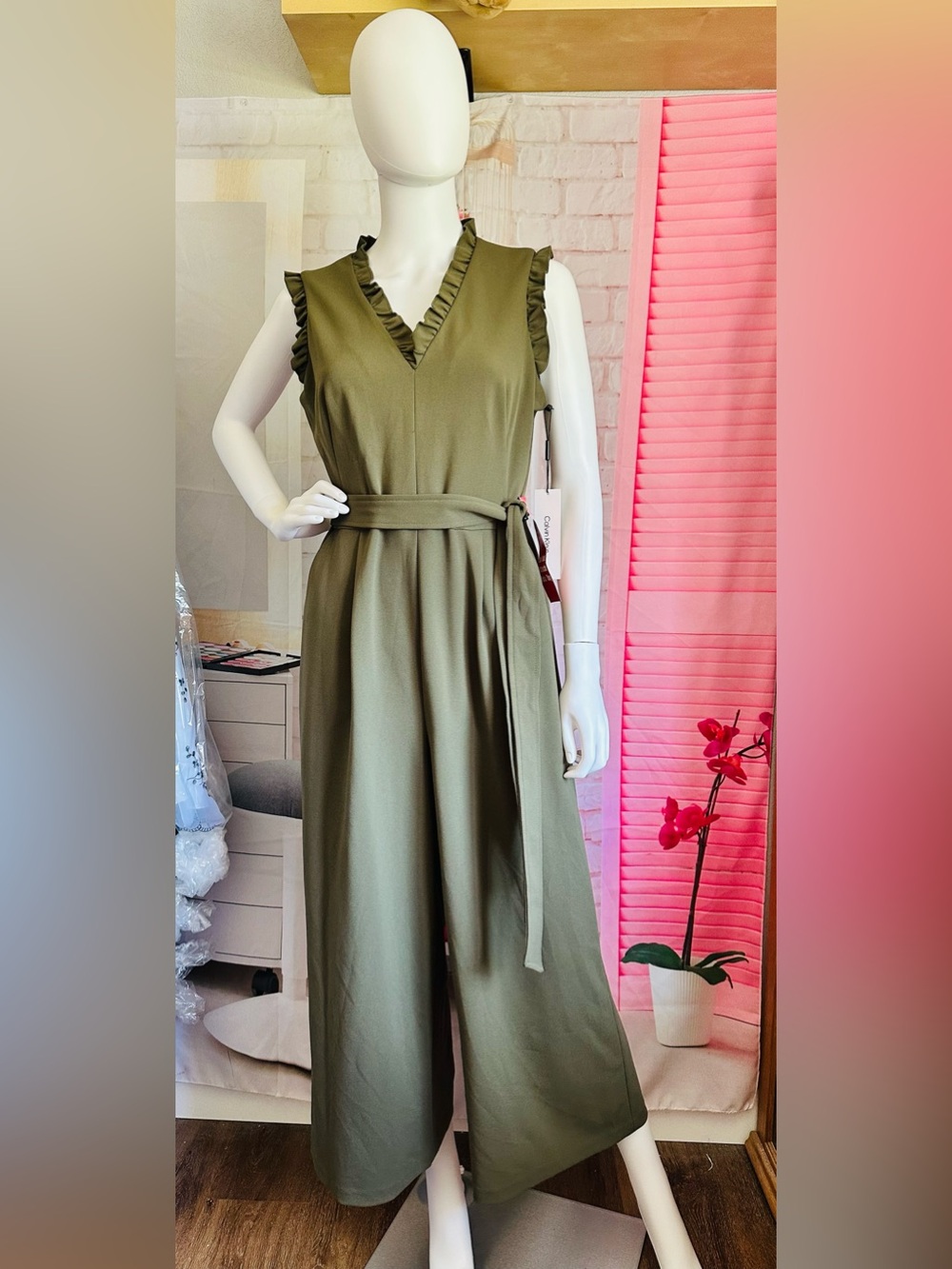 Calvin Klein Olive Green Ruffle Wide Leg Belted Jumpsuit - Picture 11 of 11
